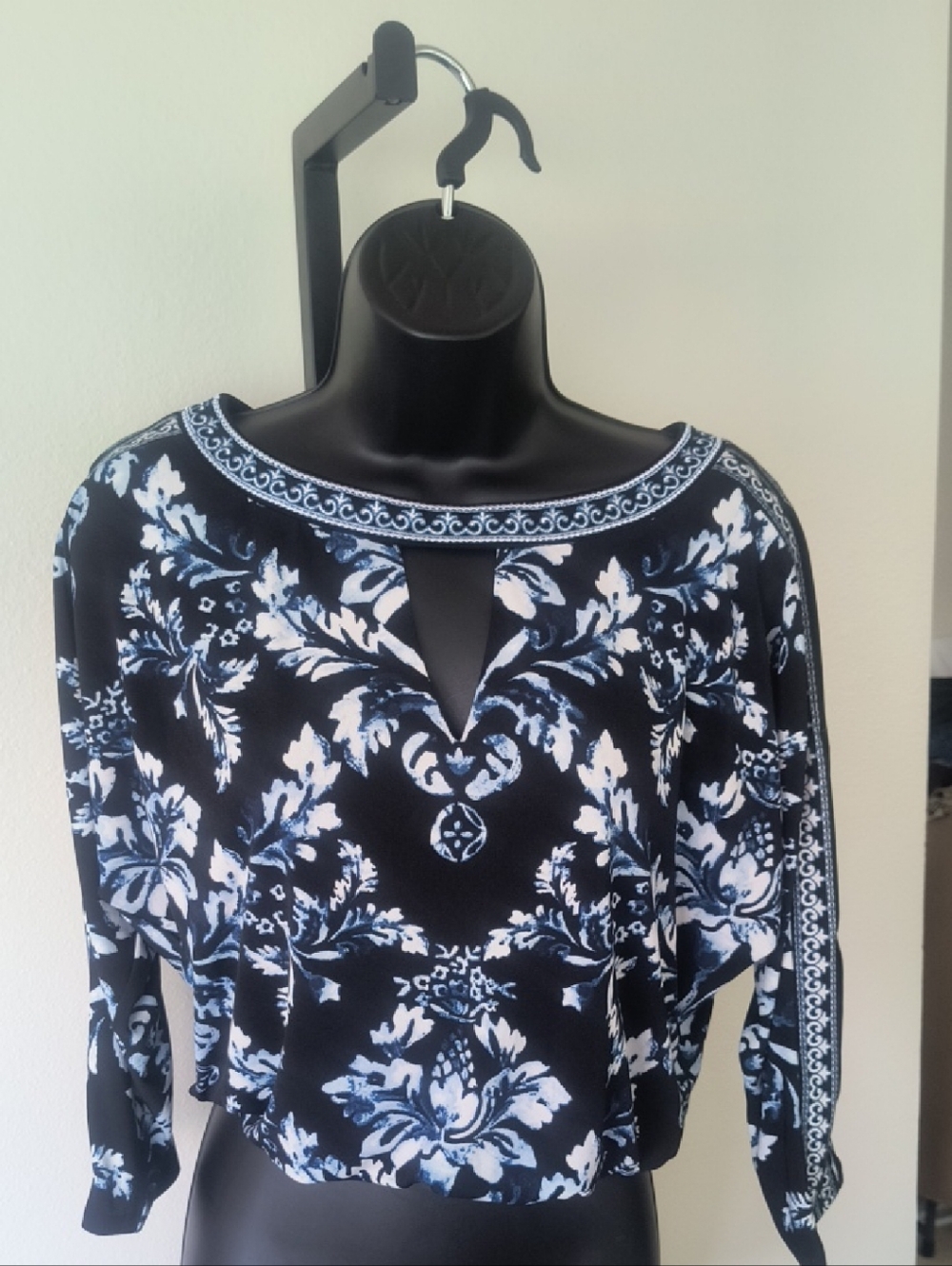 White House Black Market Black and White Floral Keyhole Blouse